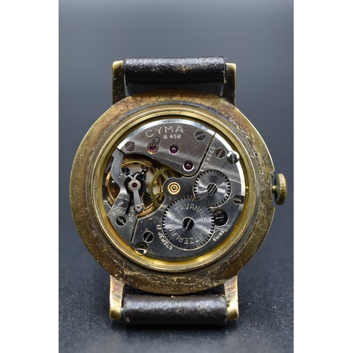 59 - Cyma Hallmarked 375 (9ct) Gold Cased Mechanical Gents Watch with Leather Strap (Working but Missing ... 