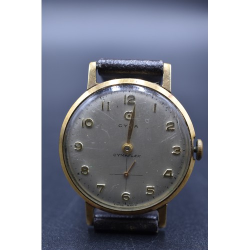 59 - Cyma Hallmarked 375 (9ct) Gold Cased Mechanical Gents Watch with Leather Strap (Working but Missing ... 