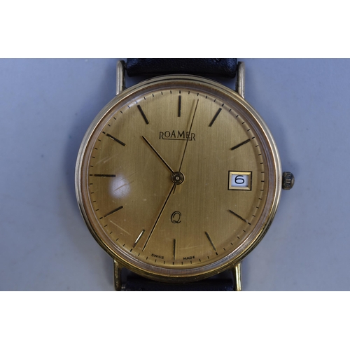 116 - Hallmarked 375 (9ct) Gold Cased Roamer Quartz Gents Watch with Leather Strap (Working at time of tes... 