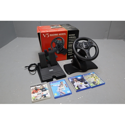 636 - V3 playstation/ N64 steering wheel and peddles (untested) plus fifa 12, 19, 18, 17 all boxed plus fi... 