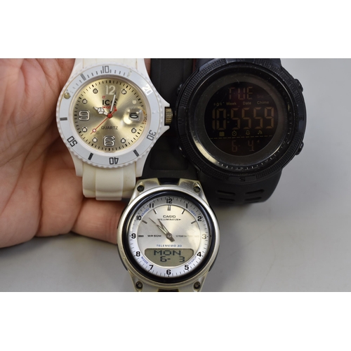 138 - Selection of Three Quartz Watches to include Casio, Ice & Skmei (Ice watch needs new batteries, ... 