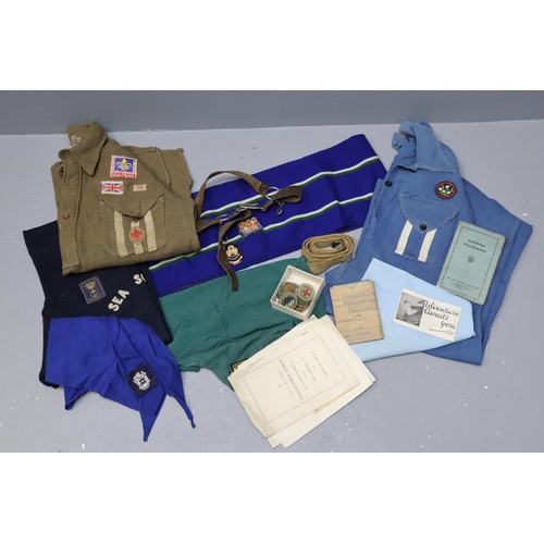 784 - Early 1940s scout and guide items to include Scout jacket, pullover, 2 neckerchiefs badges, and pape... 