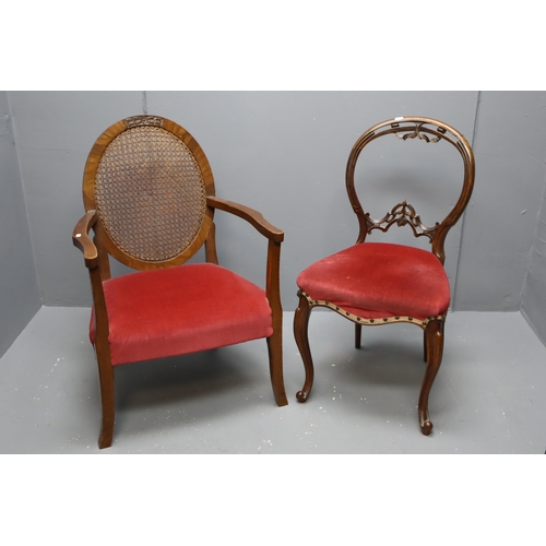 648 - Two antique chairs red velvet styled, one has a oval rattan back and another has a balloon back (big... 