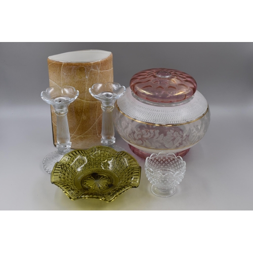 792 - A Selection of Glassware To Include Light Shade, Green Glass Footed Bowl, Pair of Candlesticks, And ... 