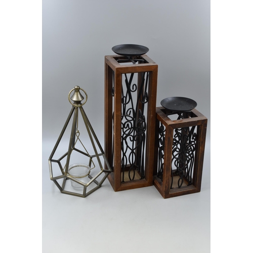 795 - Three Contemporary Tealight Holders, Includes Pair of Wrought Iron and Wood Tealight Holders, And Ot... 