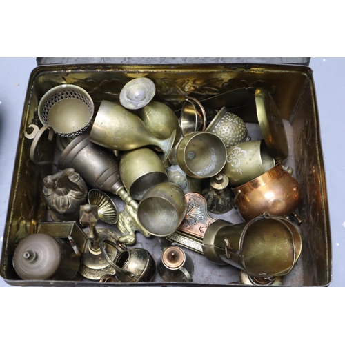 808 - Vintage brass mustard box containing a variety of small brass items including 6 mini goblets, four b... 