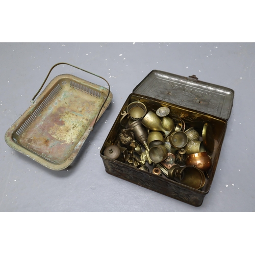 808 - Vintage brass mustard box containing a variety of small brass items including 6 mini goblets, four b... 