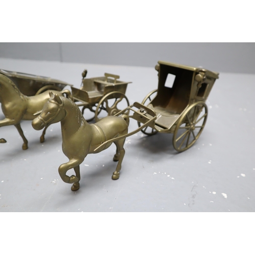 809 - Three brass horses with carriage/cart all approx 11