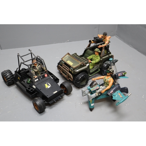 849 - Selection of 1990's Action Man Vehicles and Figures including Dune Buggy, Gelicopter and Jeep (a/f)