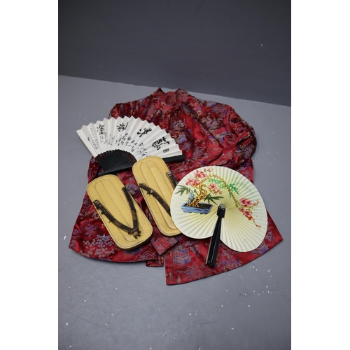 855 - Mixed selection of oriental items to include a beautiful red embroidered silk jacket, a pair of Japa... 