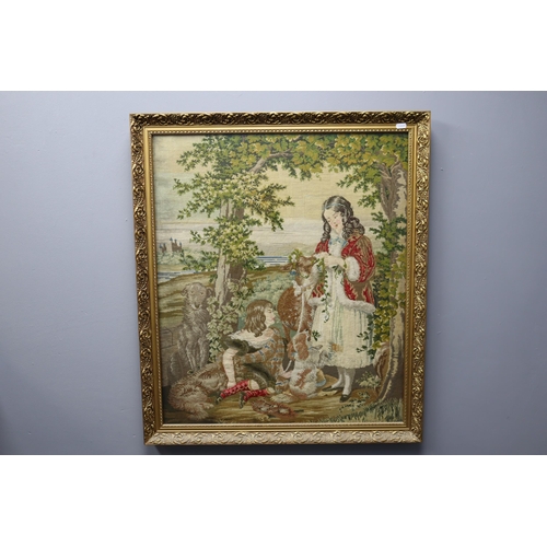 720 - Framed and Glazed 19th Century petit Point Picture depicting Woman and Boy in a Woodlnd Setiing with... 