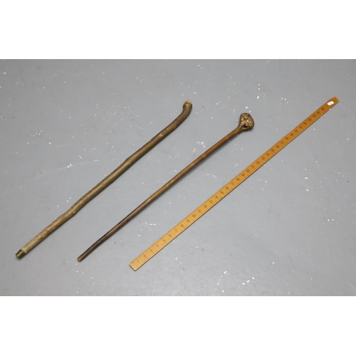 727 - An Irish 'bog stick', a short wooden walking stick and a tailors one metre measure