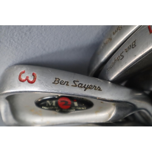 742 - Ben Sayers golf clubs 3,4,5,6,7,8,9,pw,sw plus Ben sayers C300 3,5,7 wood and a driver and a GB tech... 