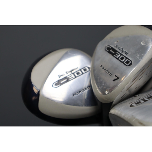 742 - Ben Sayers golf clubs 3,4,5,6,7,8,9,pw,sw plus Ben sayers C300 3,5,7 wood and a driver and a GB tech... 