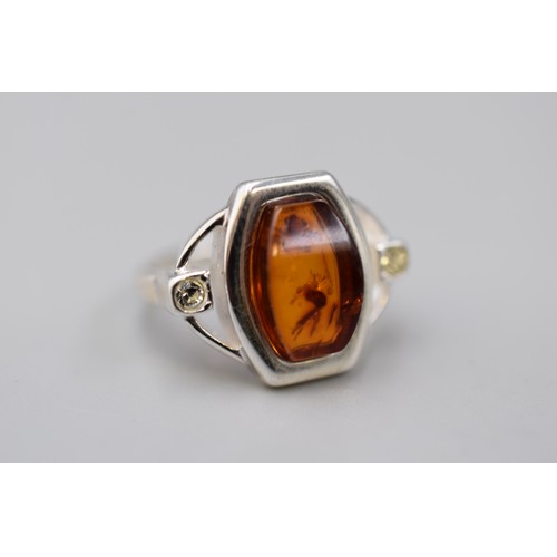 13 - Silver 925 Amber Stoned Ring complete with Presentation Box