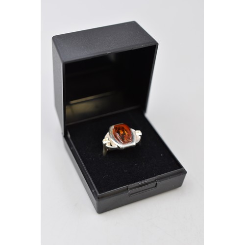 13 - Silver 925 Amber Stoned Ring complete with Presentation Box