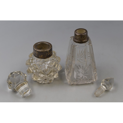 1 - Two Hallmarked Silver Banded Crystal Perfume Bottles (Tallest 5