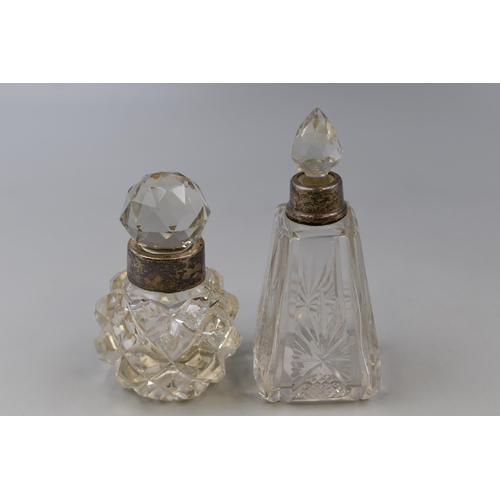 1 - Two Hallmarked Silver Banded Crystal Perfume Bottles (Tallest 5