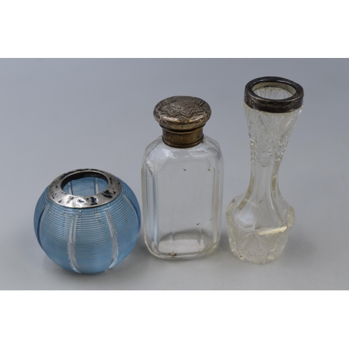 3 - Silver Topped Match Striker, Silver Lidded Medicine Bottle and Silver Banded Bud Vase