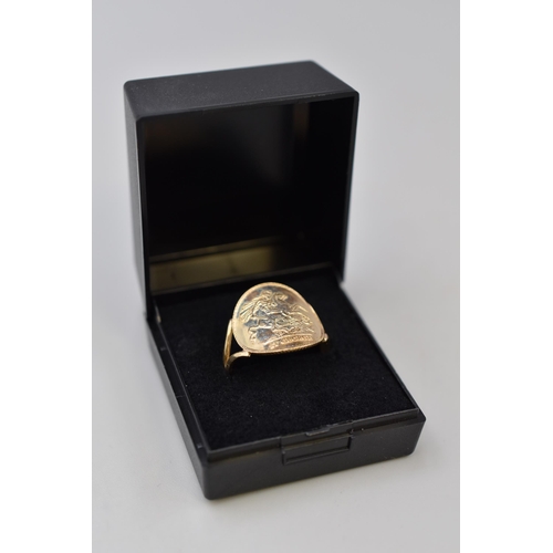 4 - Hallmarked Birmingham 375 (9ct) Gold George and The Dragon Ring Complete with Presentation Box