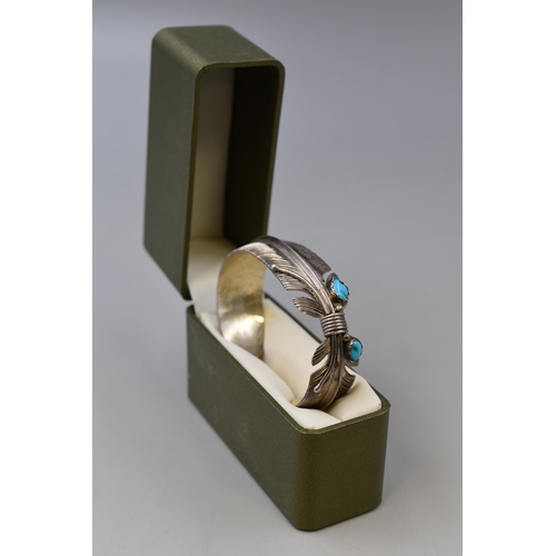 21 - Sterling Silver Turquoise Stoned Feather Cuff Bracelet with Presentation Box