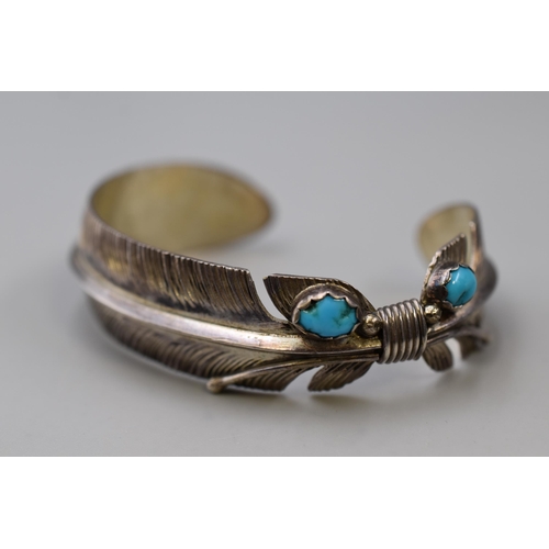 21 - Sterling Silver Turquoise Stoned Feather Cuff Bracelet with Presentation Box