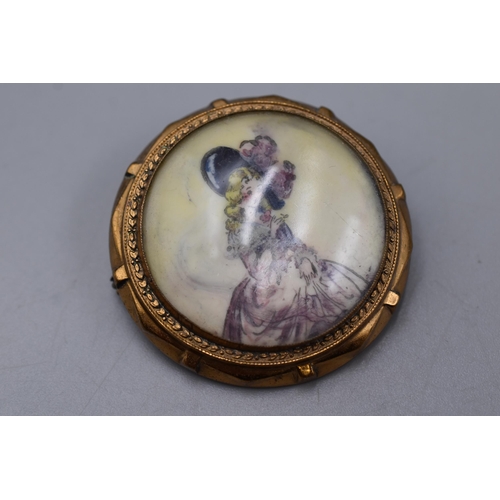 22 - Thomas L Mott Hand Painted Gilt Brooch (45mm Dia) Complete with Presentation Box