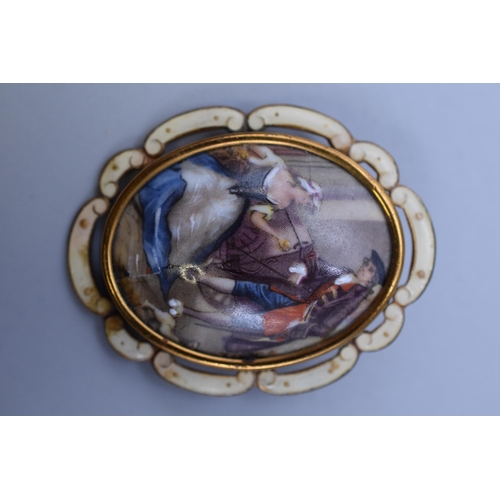 24 - Thomas L Mott Gilt and Enameled Pictorial Brooch (50mm High) Complete with Presentation Box