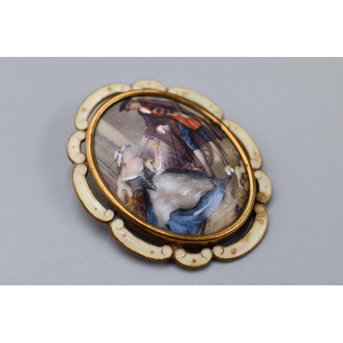 24 - Thomas L Mott Gilt and Enameled Pictorial Brooch (50mm High) Complete with Presentation Box