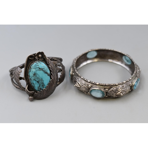 36 - Turquoise Stoned Bangle and a Middle Eastern Blue Stoned Bracelet (Possibly Silver)