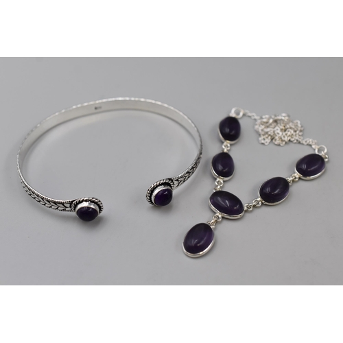 60 - 925 Silver Bangle and 18 inch necklace Amethyst styled gemstone