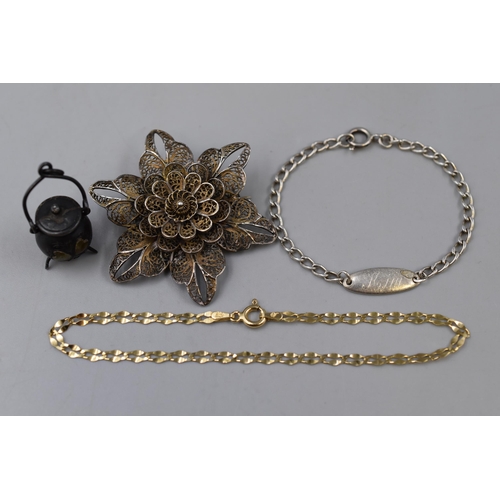 71 - Two Silver Bracelets, Filigree Brooch and a Hallmarked Birmingham Silver Pendant