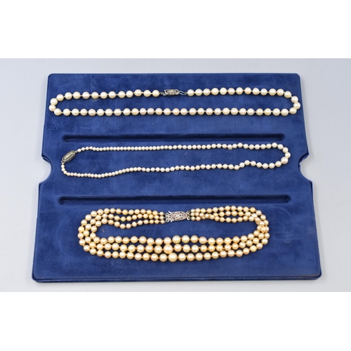 74 - Selection of 3 pearl Necklaces all Complete with Silver Clasps