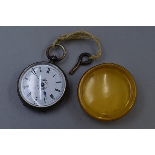 95 - Open Faced Pocket Watch with key and Travel Case