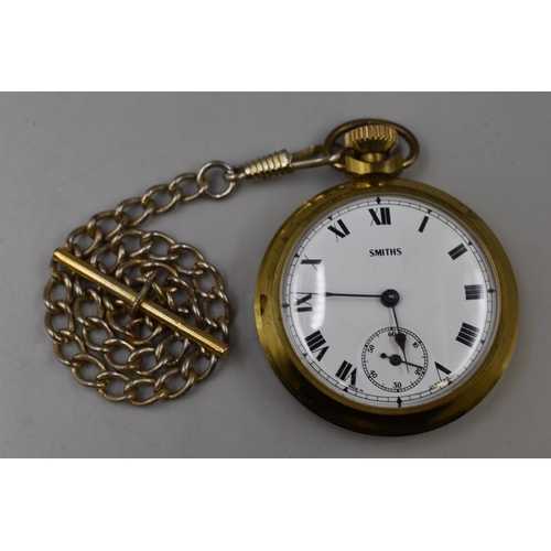 96 - Smiths pocket watch ceramic dial with Albert chain (working)