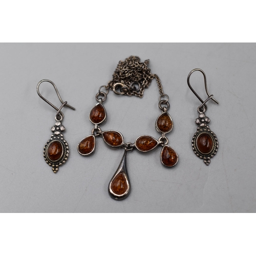 241 - Vintage Silver 925 Amber Stoned Necklace and Earring Set