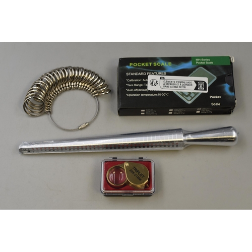 112 - New Jewellers Set including 500g Scales, Ring Sizer, Finger Sizing Rings and Jewellers Loop