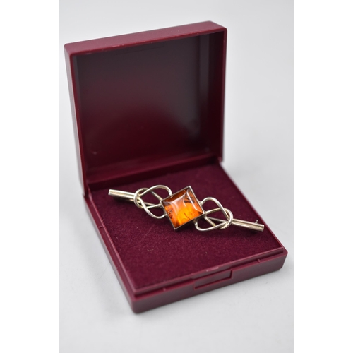 246 - Silver 925 Celtic Style Amber Brooch