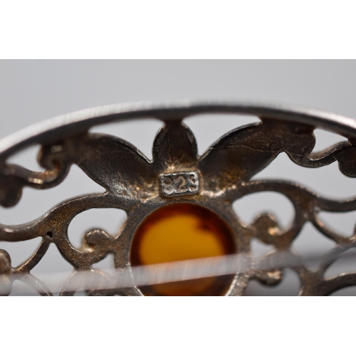 247 - Silver 925 Floral Design Amber Brooch