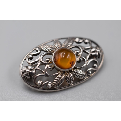 247 - Silver 925 Floral Design Amber Brooch