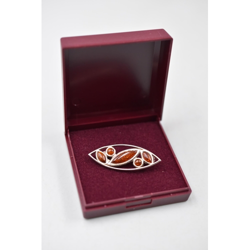 250 - Silver 925 Multi Stone Amber Brooch Complete with Presentation Box