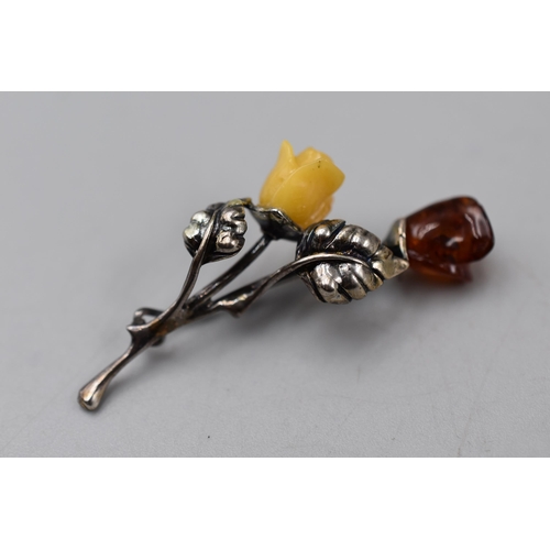 251 - Silver 925 Floral Amber Style Brooch Complete with Presentation