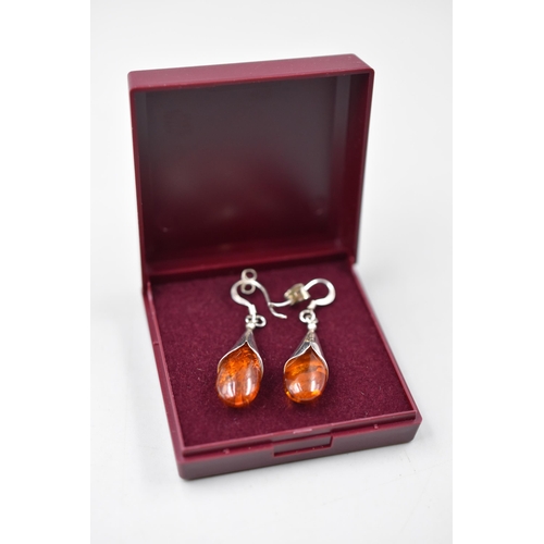 252 - Silver 925 Teardrop Amber Earrings Complete with Presentation Box