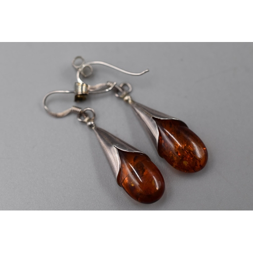 252 - Silver 925 Teardrop Amber Earrings Complete with Presentation Box