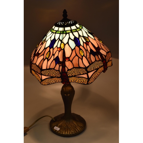 318 - A Tiffany Style Dragonfly Table Lamp, On Brass Effect Base. Lights Up When Tested, Approx 19