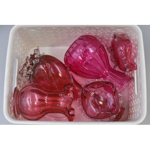 266 - Small mixed lot to include cranberry glassware (a/f), an antique meat serving set (missing one) and ... 