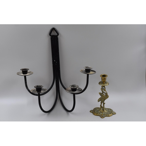 339 - A Pair of Brass Heron Candleholders, With Pair of Cast Metal Wall Mounted Candleholders, And Copper ... 