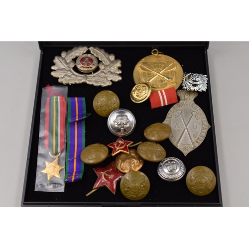 278 - Selection of Military Buttons, USSR Badges, Darts Medal and More