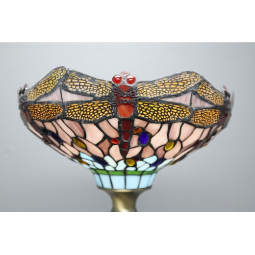 360 - A Tiffany Style Dragonfly Floor Lamp, With Brushed Metal Column. Lights Up When Tested, Approx 67.5