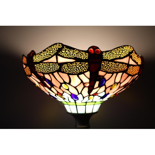 360 - A Tiffany Style Dragonfly Floor Lamp, With Brushed Metal Column. Lights Up When Tested, Approx 67.5